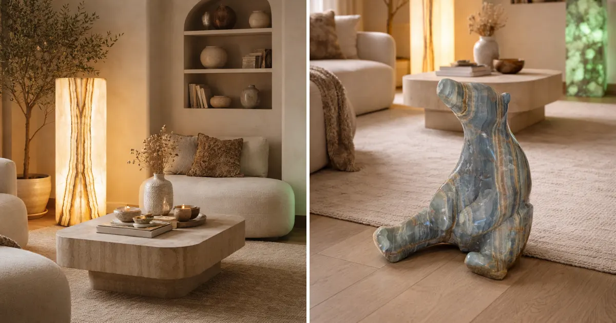 Décoration intérieure haut de gamme avec lampe en onyx et sculpture minérale dans un salon élégant