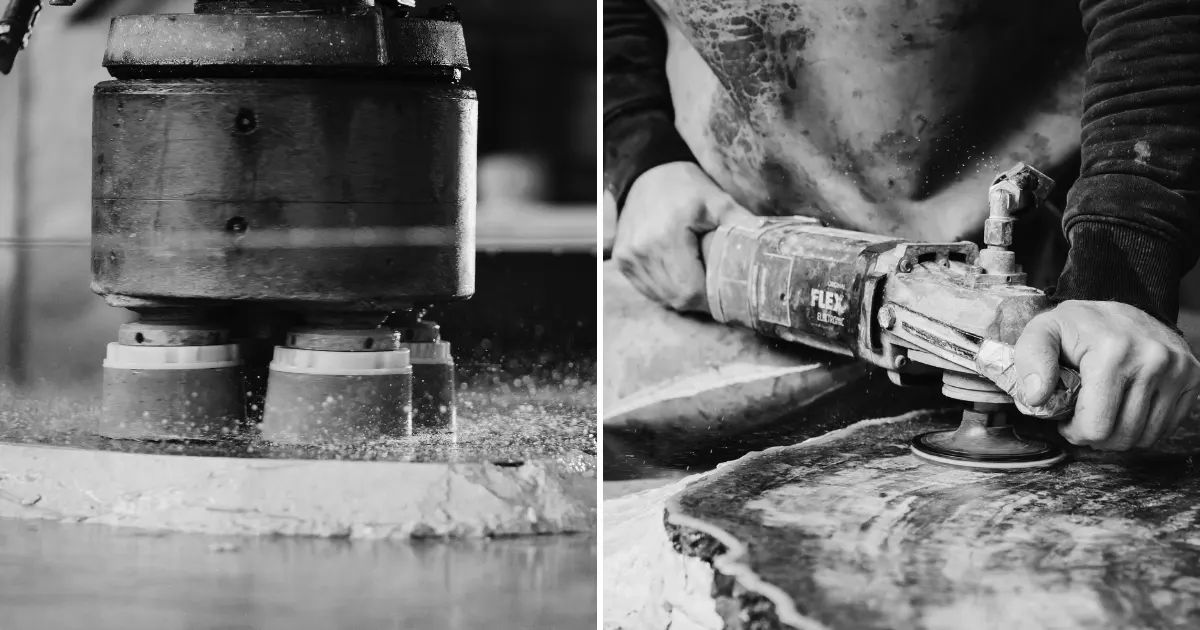 Polishing a petrified wood slab, by machine and then by hand